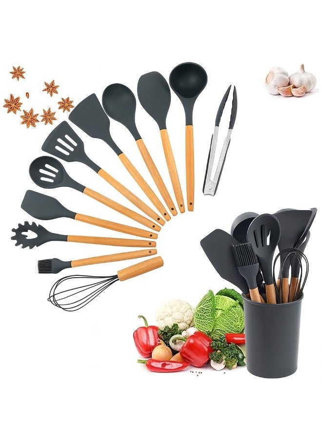 BIG CLICK 12 Pcs Silicone Cooking Utensil Kitchen Set with Organizer Cup Holder, Kitchen Utensils Set with Wood Handles for Nonstick Cookware Set, Great Kitchen Tools - Image 1